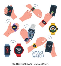 Smart Watch on hands set. Wrist smart watch checks time, heart rate, weather, navigation. Digital smart watch. Flat vector illustration isolated on white background hand drawn.