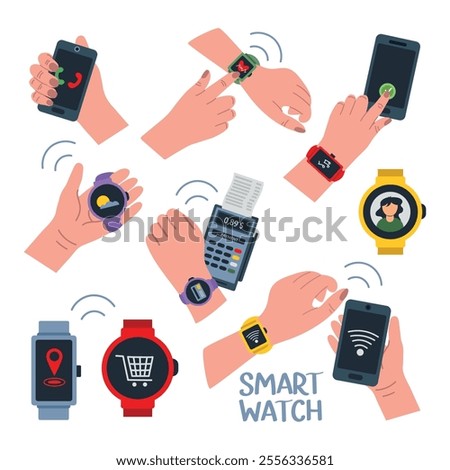 Smart Watch on hands set. Wrist smart watch checks time, heart rate, weather, navigation. Digital smart watch. Flat vector illustration isolated on white background hand drawn.