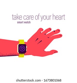 Un reloj inteligente en mano humana con un icono de ritmo cardíaco en su pantalla aislado en el concepto de fondo blanco. Ilustración plana vectorial.