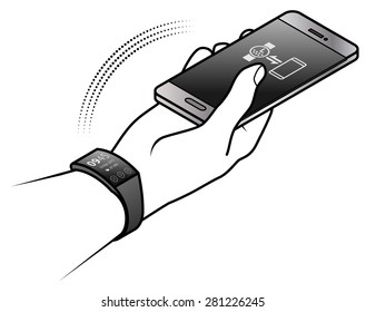Un reloj inteligente en una muñeca humana, sincronizado con un teléfono inteligente sostenido en la mano.
