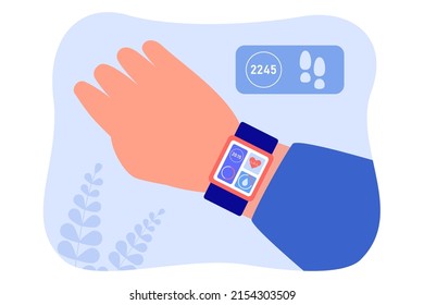 Smart Watch On Wrist Of Person Showing Time, Pulse And Pedometer. Monitoring Health And Number Of Steps Per Day Flat Vector Illustration. Technology, Healthy Lifestyle Concept For Banner, Landing Page