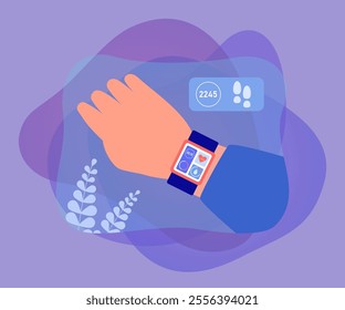 Smart watch on wrist of person showing time, pulse and pedometer. Monitoring health and number of steps per day flat vector illustration. Technology, healthy lifestyle concept for banner, landing page