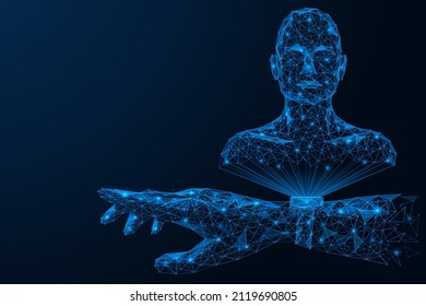 Intelligente Uhr auf der Hand mit einem Hologramm einer Person. Ein Gadget mit künstlicher Intelligenz. Polygonale Konstruktion von miteinander verbundenen Linien und Punkten. Blauer Hintergrund.