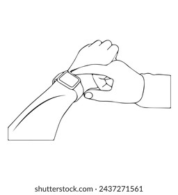 Smart Watch Outline Icon, Illustration on Isolated White Background Suitable for Fashion, Person's hand indicates a wrist watch. One line art. Smart watch on wrist. Hand drawn vector, Smartwatch hand,