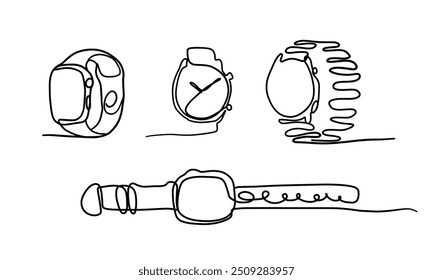 Ícone de Contorno do Smart Watch, Ilustração em fundo branco isolado adequado para moda, mão da pessoa indica um relógio de pulso. Uma arte. Relógio inteligente no pulso. Vetor desenhado à mão, Mão de relógio inteligente .