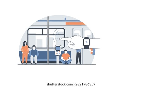 Smart watch payment concept features a commuter hand tapping a ticket validator inside a busy city subway train.