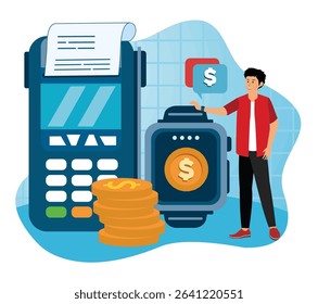 Smart watch payment concept. Man Using a modern payment method using Smart watch, featuring a stylish individual engaging in contactless transactions.