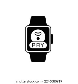 Smart watch payment icon in black flat glyph, filled style isolated on white background