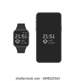 Smart watch and smart phone illustration. Vector illustration of digital watches and mobile phone communication. Modern technology, connection, communication.