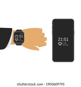 Smart watch and smart phone illustration. Vector illustration of digital watches and mobile phone communication. Modern technology, connection, communication.