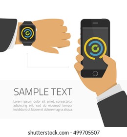 Smart watch and smart phone illustration. Vector illustration of digital watches and mobile phone communication. Modern technology, connection, communication.