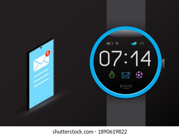 Smart watch and smart phone sync illustration. Smartwatch and smartphone email and other message synchronization on dark background