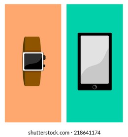 Smart watch and phone. Vector illustration in flat style