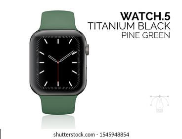 Smart watch with pine green bracelet realistic vector illustration. Modern luxury and stylish wristwatch 3d isolated design element. Minimal and simple elegant smartwatch mock up on white background