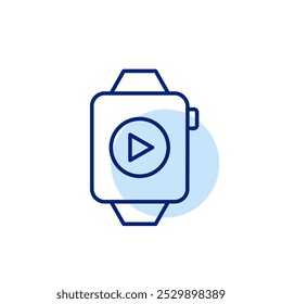 Smart watch with play button on screen. Audio and video playback interface. Accessing and controlling media from your wrist. Pixel perfect vector icon