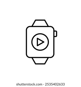 Smart watch with play button on screen. Audio and video playback interface. Accessing and controlling media from your wrist. Pixel perfect, editable stroke icon