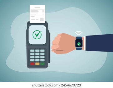 Smart watch POS terminal payment. Hand with smartwatch on the wrist making payment transaction. Flat vector icon.
