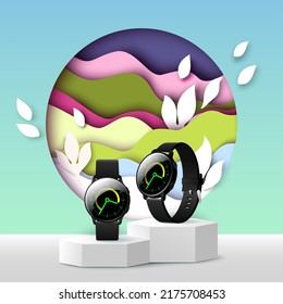 Smart watch presentation. Vector 3d wearable wristwatch on podium over papercut color background advert design template. Electronic wristband exhibition