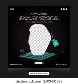 Smart watch product post. Smart watch sales social media post. Limited time offer smart watch mega sale. Wrist Watch sale discount template. Clock business banner. Product sale and promotion.