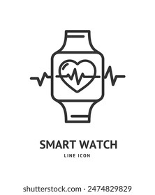 Smart Watch Pulse Heart Sign Thin Line Icon Emblem Concept Symbol of Fitness Bracelet. Vector illustration
