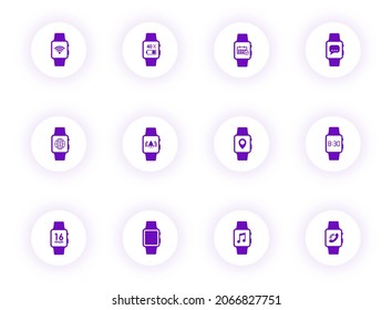 smart watch purple color vector icons on light round buttons with purple shadow. smart watch icon set for web, mobile apps, ui design and print