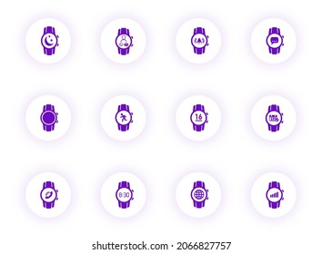 iconos vectoriales de color púrpura de reloj inteligente en botones redondos claros con sombra púrpura. conjunto de iconos de reloj inteligente para web, aplicaciones móviles, diseño ui e impresión