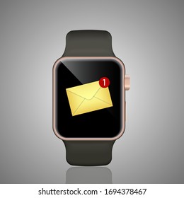 Smart watch realistic vector illustration. Smartwatch ringing and displaying new message notification. 