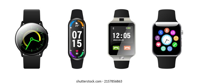 Smart watch realistic vector. Wrist wearable clock with touch screen display interface set. Hand wearing device for health, time and sport indicator tracking. Smartwatch accessory 3d illustration svg