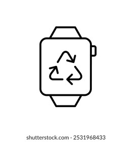 Smart watch with recycle arrows on it. Environmentally conscious computing, green tech and responsible use. Eco-friendly electronics recycling. Pixel perfect, editable stroke icon
