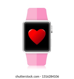 Smart watch with red heart shape for health and love concept, reflex shadow isolated on white background
