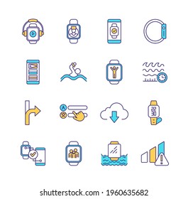 Smart Watch RGB Color Icons Set. Wearable Technology. Streaming, Storing Music. Synchronization. Doctor Connection. Contactless Payment. Navigation Device. GPS Location. Isolated Vector Illustrations