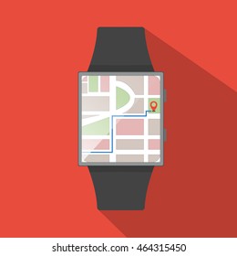 Smart watch with route map icon, flat concept with long shadow.Cartoon style. Vector illustration.