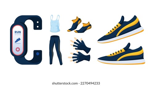 Smart watch running, Sport bra, Blue Legging, Blue and yellow socks, Blues sports gloves, blue sneakers,Fashion of man,fashion sport products,Health and Fitness Products collection isometric vector