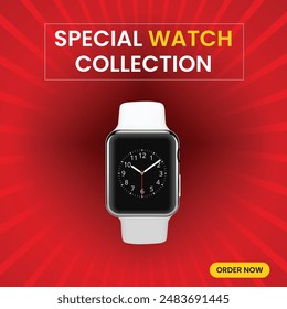 Smart watch sale off isolated on red podium for social media post