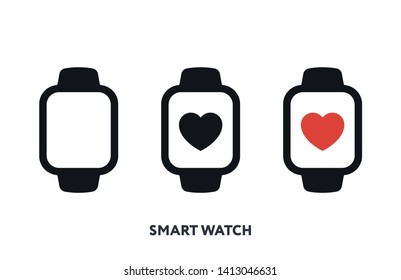 Smart Watch Screen Device. Pulse Heart Health. Vector Flat Line Stroke Icon.