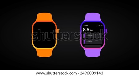 Smart watch screen template. Apple watch sport tracker frame. Electronic wristwatch digital health care device mock-up. Bright watchband design. Vector illustration.