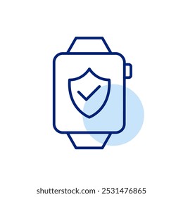 Smart watch with security shield on it. Checkmark symbol for data protection and encryption. Secure tracking and user experience. Pixel perfect vector icon