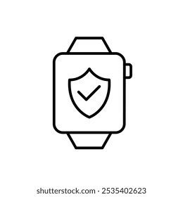 Smart watch with security shield on it. Checkmark symbol for data protection and encryption. Secure tracking and user experience. Pixel perfect, editable stroke icon