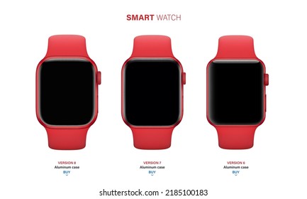 smart watch set in an aluminum case with silicone band isolated on white background. front view red wrist clock with touch screen and sports strap. stock vector illustration