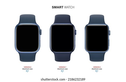 smart watch set in an aluminum case with silicone band isolated on white background. front view blue wrist clock with touch screen and sports strap. vector illustration