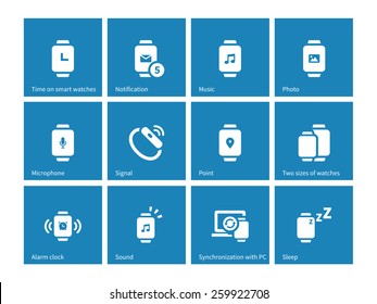 Smart Watch set icons on blue background. Vector illustration.