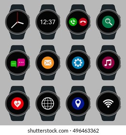 Smart watch set. Wearable smart watches with apps on screen. Vector isolated digital devices collection.
