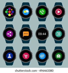 Smart watch set. Wearable smart watches with apps. Vector isolated collection.