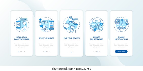 Smart watch setup hints onboarding mobile app page screen with concepts. Select language, pairing devices walkthrough 5 steps graphic instructions. UI vector template with RGB color illustrations