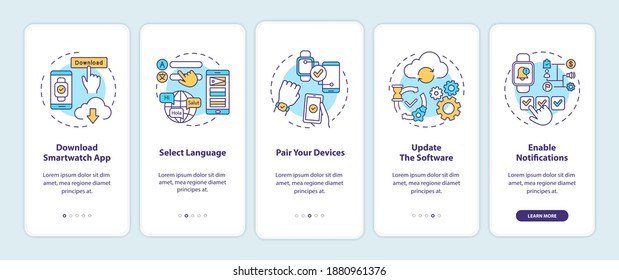 Smart watch setup tips onboarding mobile app page screen with concepts. Download, select language, update walkthrough 5 steps graphic instructions. UI vector template with RGB color illustrations