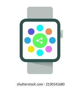 Smart watch with sharing features. Technology enabled watch in square shape. Smartwatch with icons, a flat concept with shadow.
