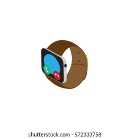 Smart watch showing call management. Brown strap. Vector. Isometry.