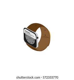 Smart watch showing notification. Brown strap. Vector. Isometry.