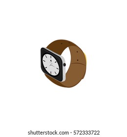 Smart watch showing the time with alarm. Brown strap. Vector. Isometry.