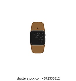 Smart watch showing time. Brown strap. Vector.